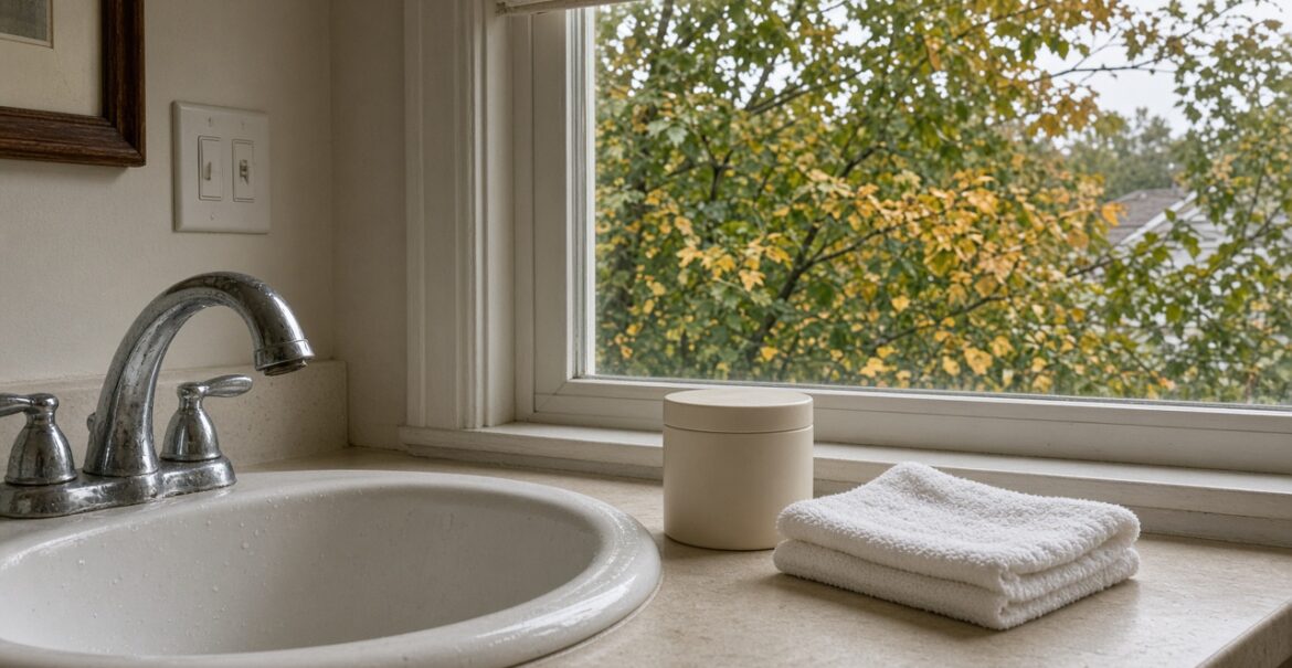 Morning bathroom sink with a cream jar beside a window showing early fall trees