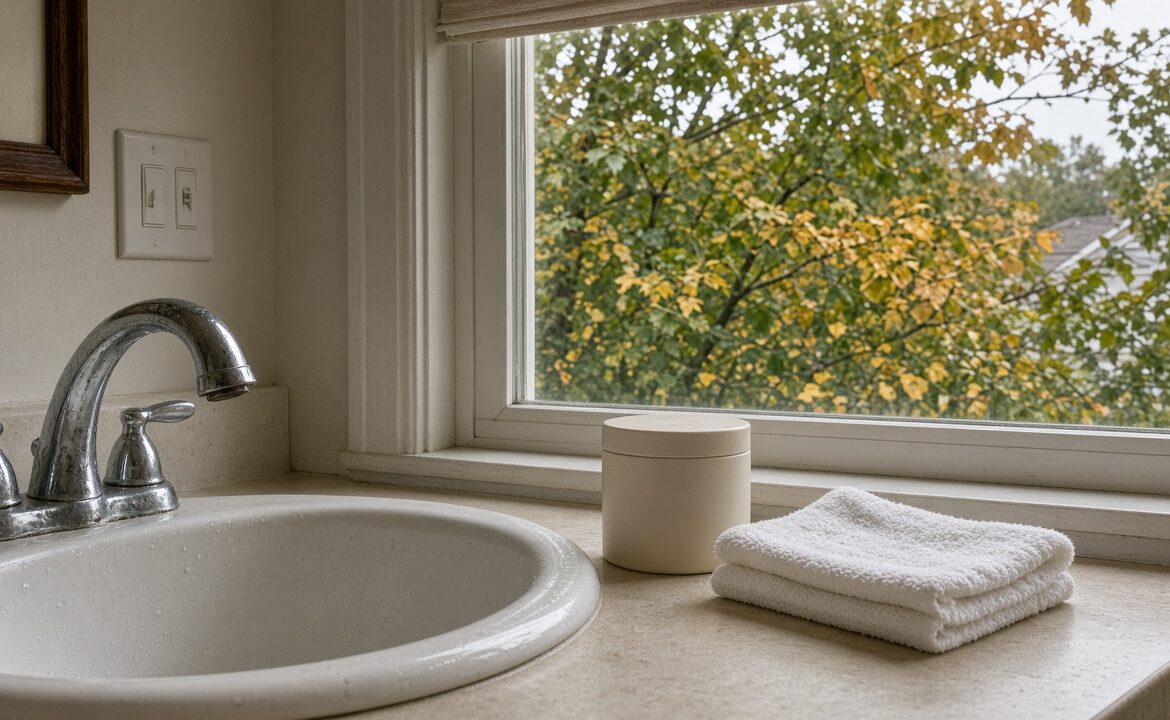 Morning bathroom sink with a cream jar beside a window showing early fall trees